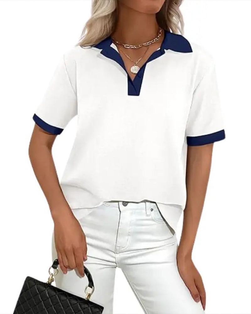 T-Shirt Col Polo Colorblock Manches Courtes