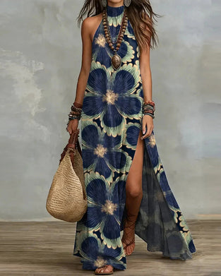 Robe Imprimé Floral Halter Sans Manches Fente Longue