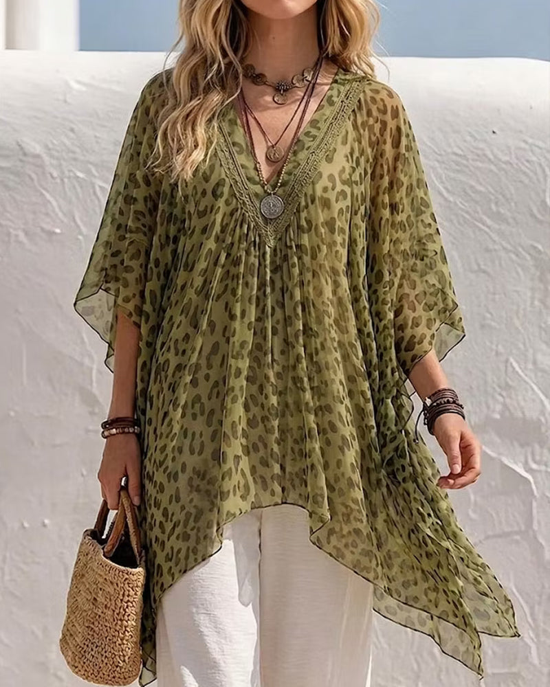 Blouse Col V Irrégulière Léopard
