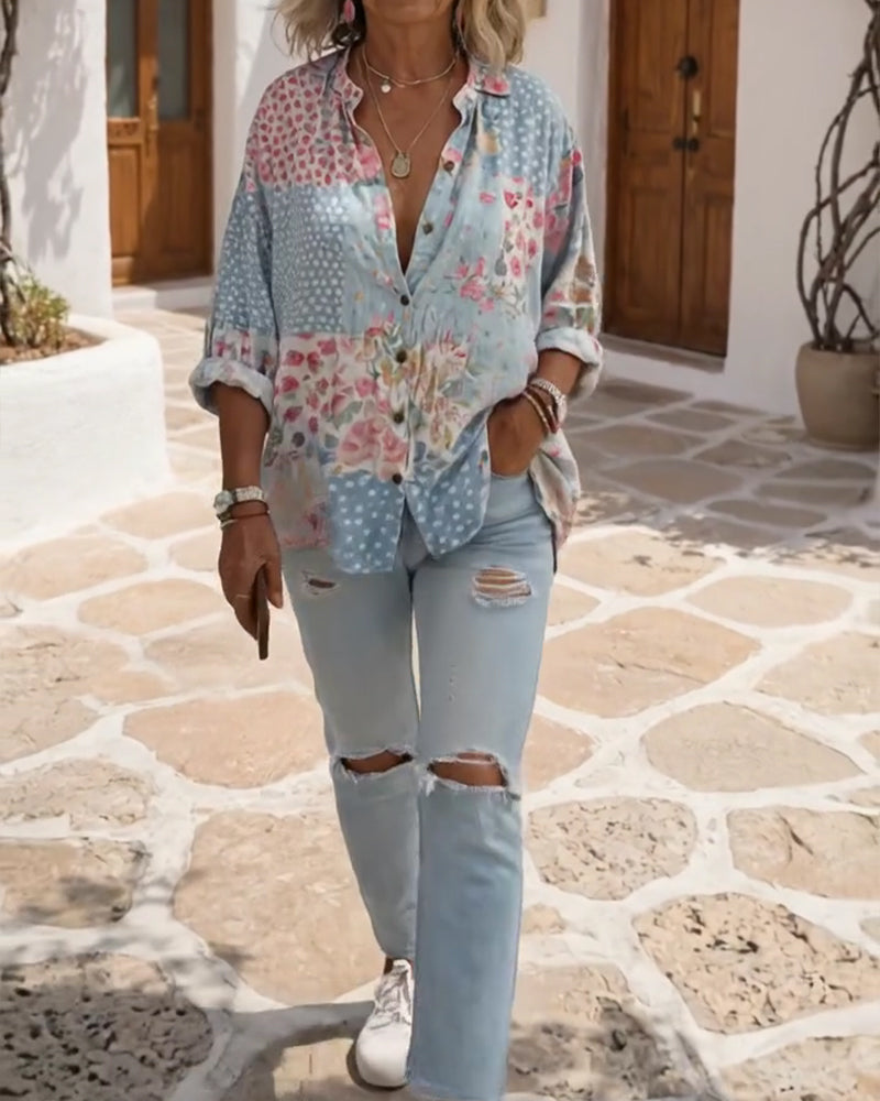 Chemise À Imprimé Fleuri Et Col Montant