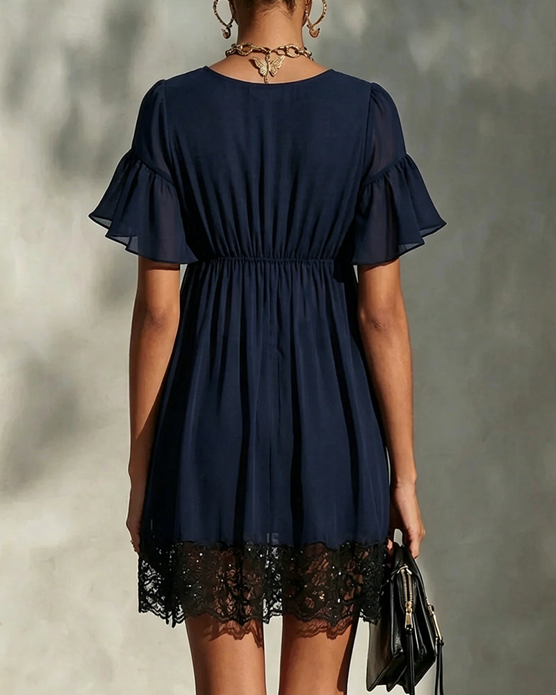 Robe Volant Manche Évasée Fermeture Éclair Dentelle