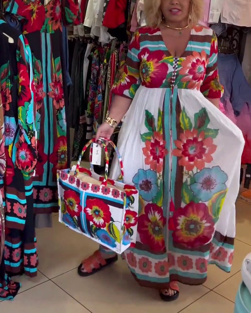 Robe florale décontractée ample en V profond