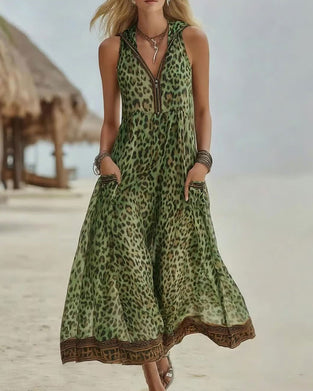 Robe Imprimé Léopard Demi Fermeture Éclair Sans Manches Longue