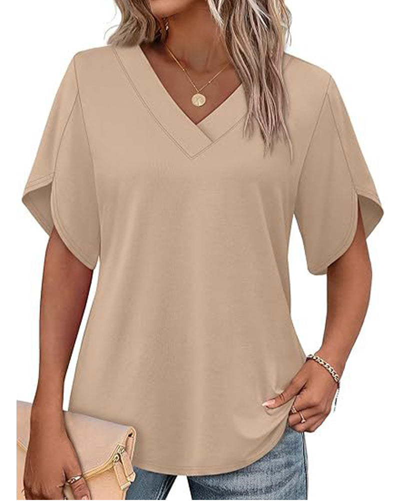 T-Shirt Col En V Petite Fente Manches Courtes Unie