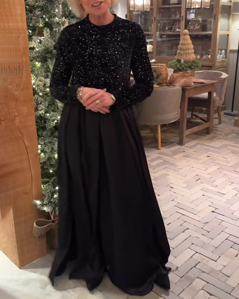 Robe Élégant Paillettes Patchwork Longueur Sol