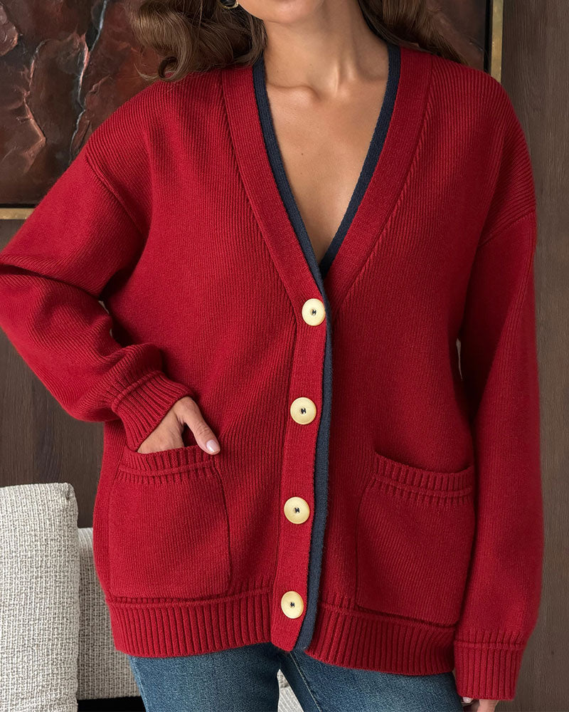 Cardigan Col En V Bouton Bloc De Couleur Poche
