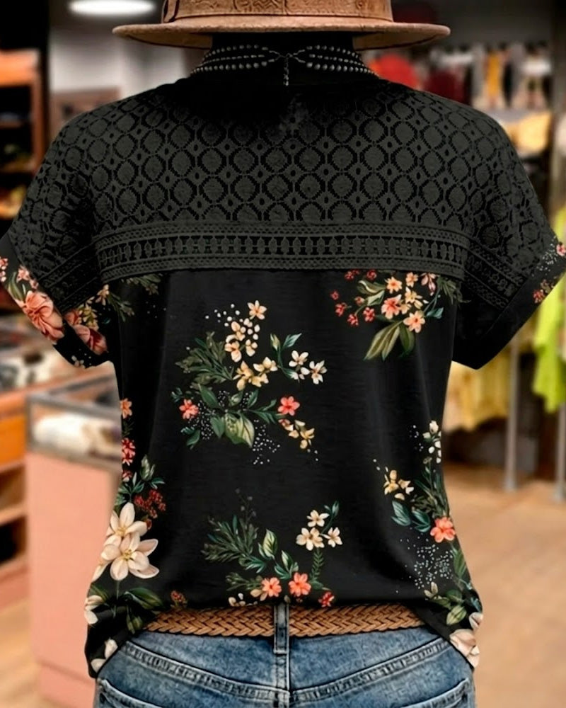 T-Shirt Découpé Patchwork Manches Courtes