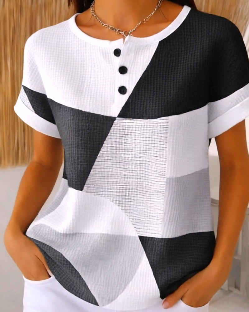 Blouse Col Rond Bouton Bloc De Couleur Gaufré