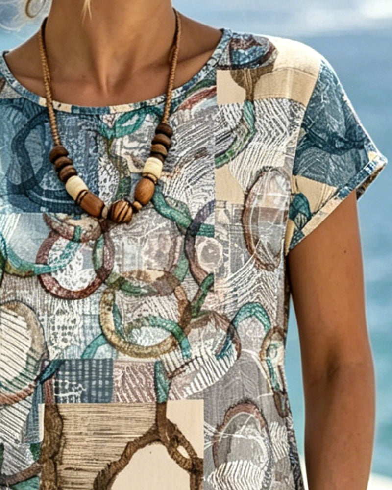 Robe Col Rond Géométrique Patchwork Imprimé