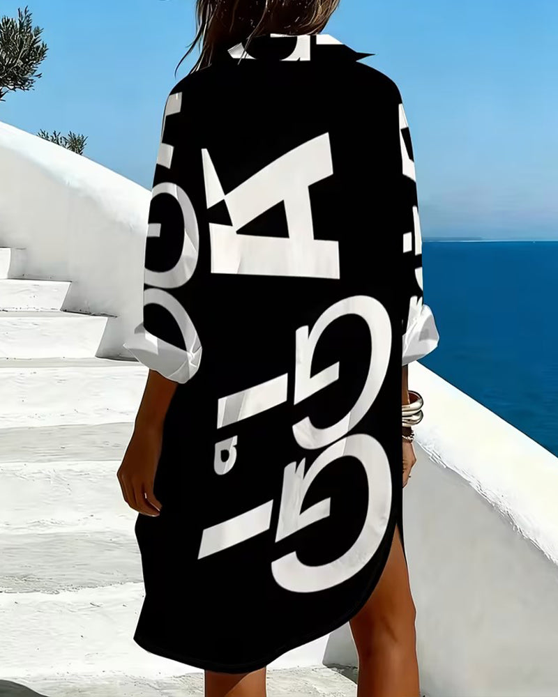 Robe Lettre Imprimé Bouton Manche Longue