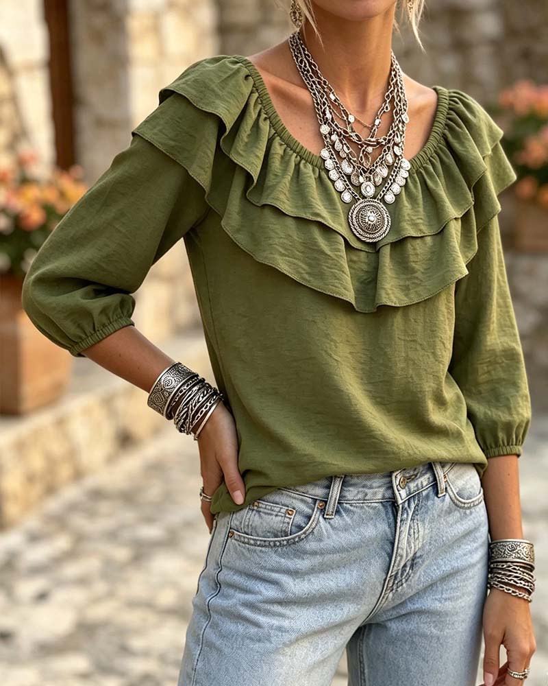 Blouse Double Couche Volant Manche Trois Quarts