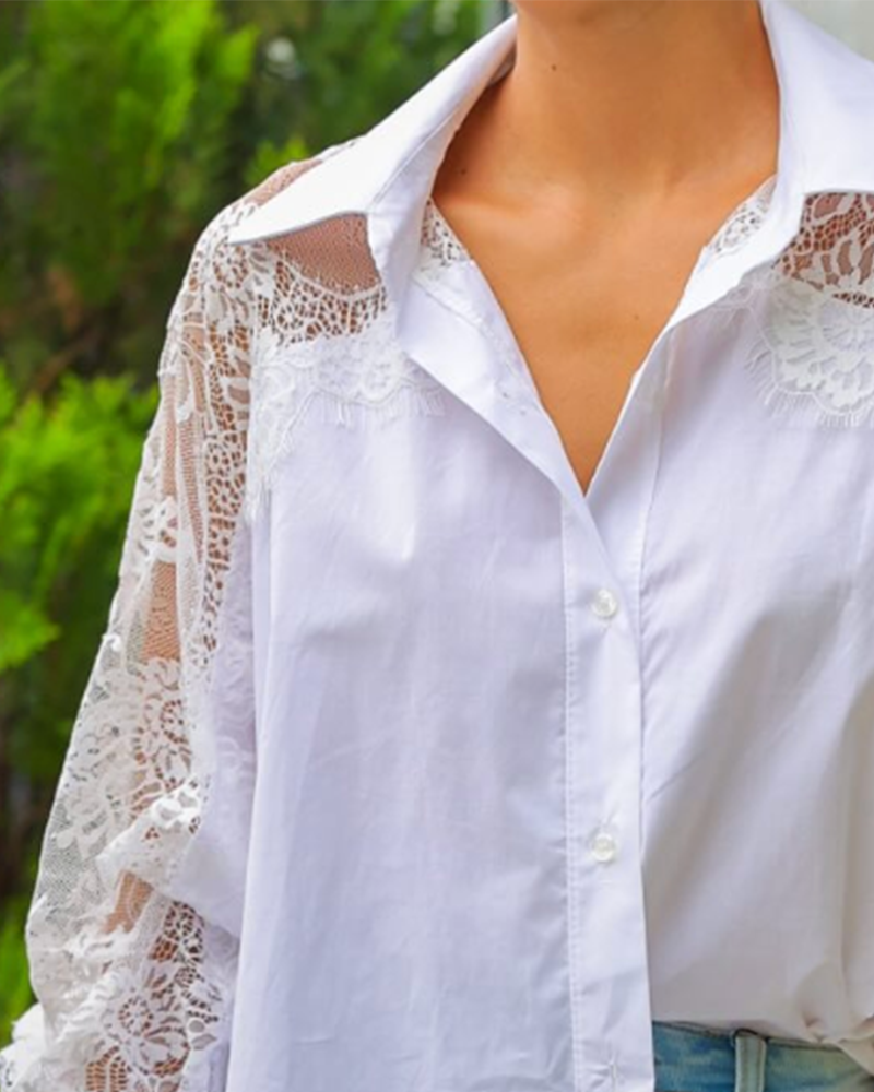Blouse Dentelle Patchwork Revers Manche Longue