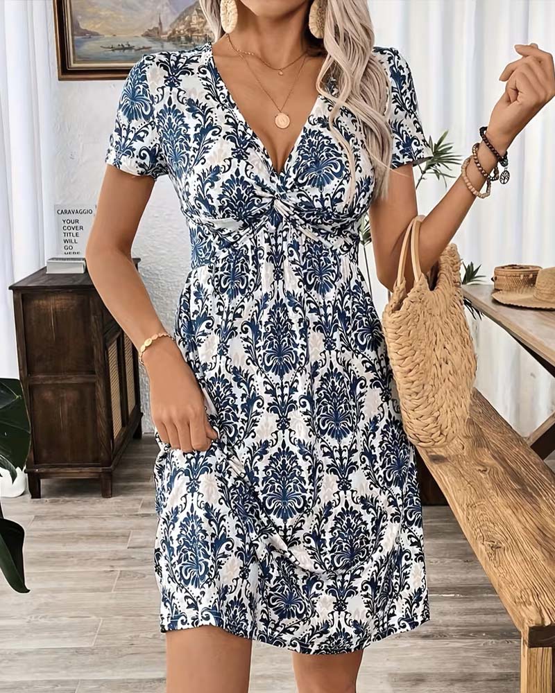 Robe Col En V Froncée Taille Haute Bohémienne