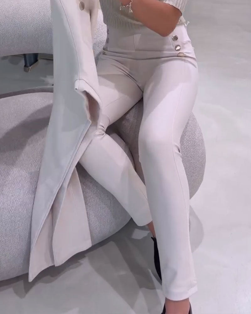 Pantalon Taille Haute Bouton Latéral Stretch