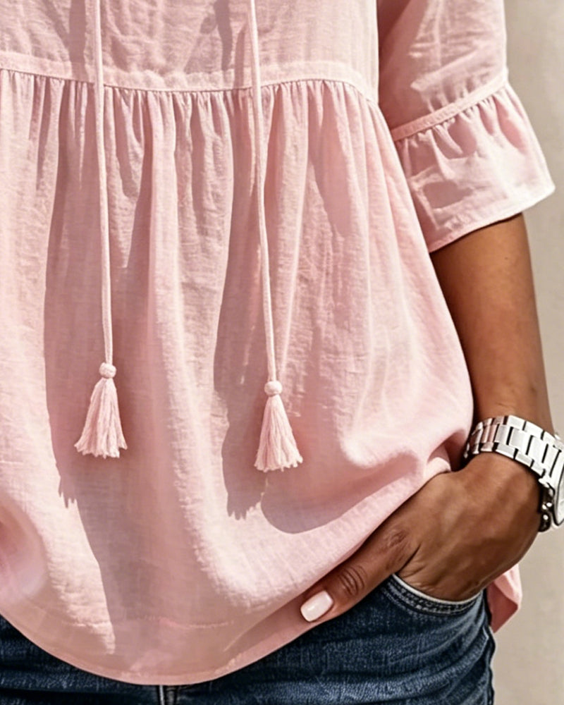 Blouse Attacher Volant Demi-Manches Unie