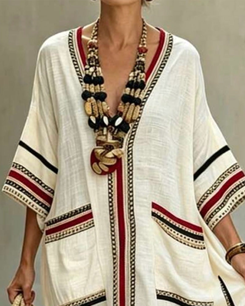 Robe Maxi Décontractée Col V Rayée