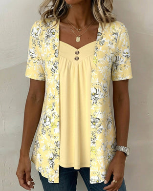 T-Shirt Imprimé Floral Fausse Deux Pièces
