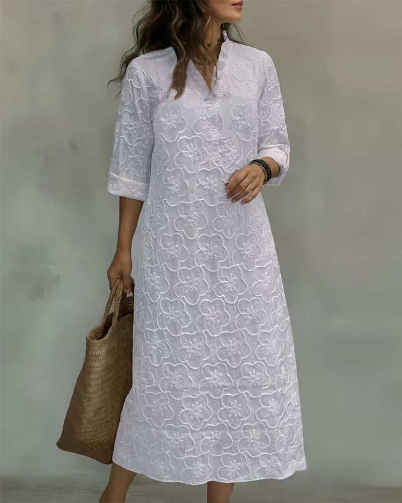 Robe Col V Dentelle Garniture Unie