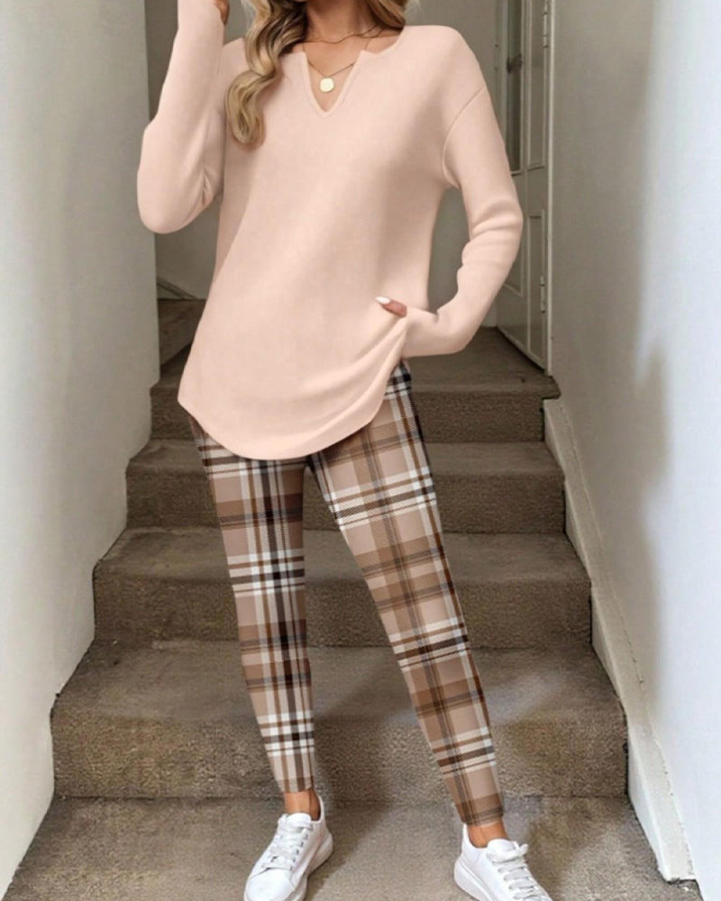 Ensemble Col V Haut Unie + Pantalon Carreau Loungewear