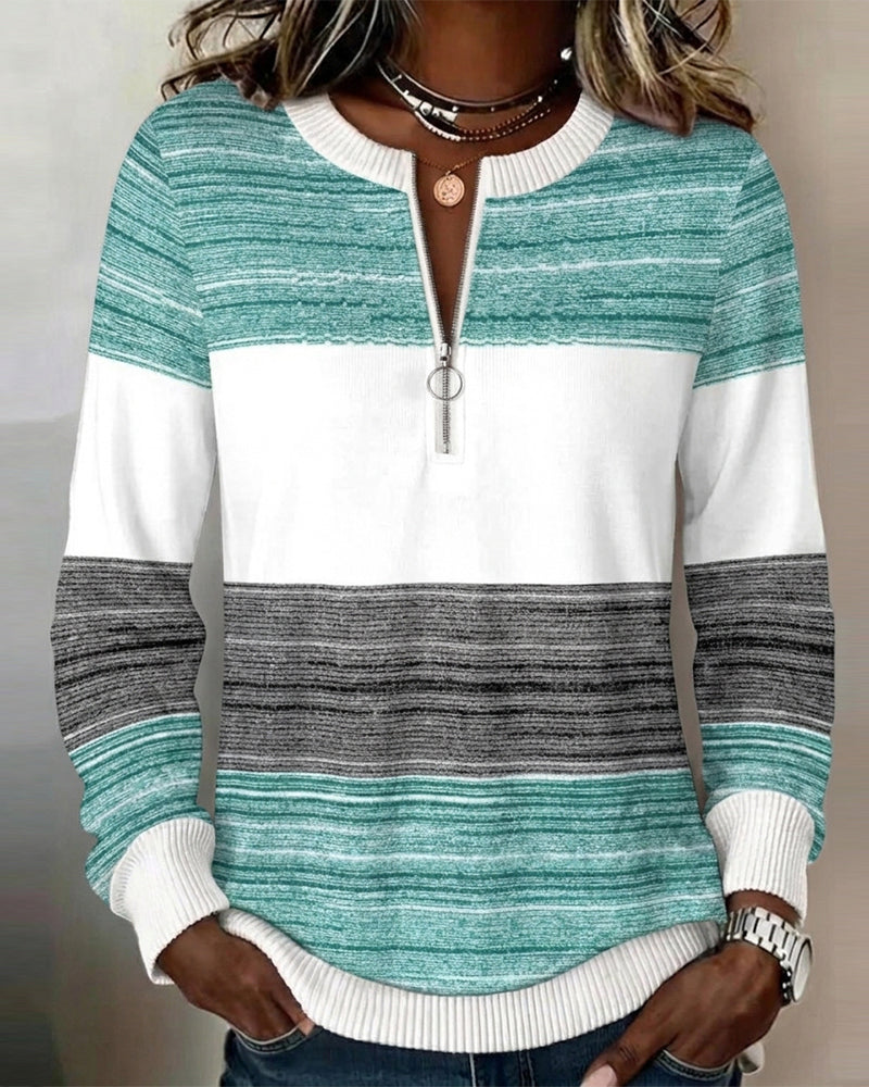 Sweatshirt À Col Rond Fermeture Éclair Rayé Contraste