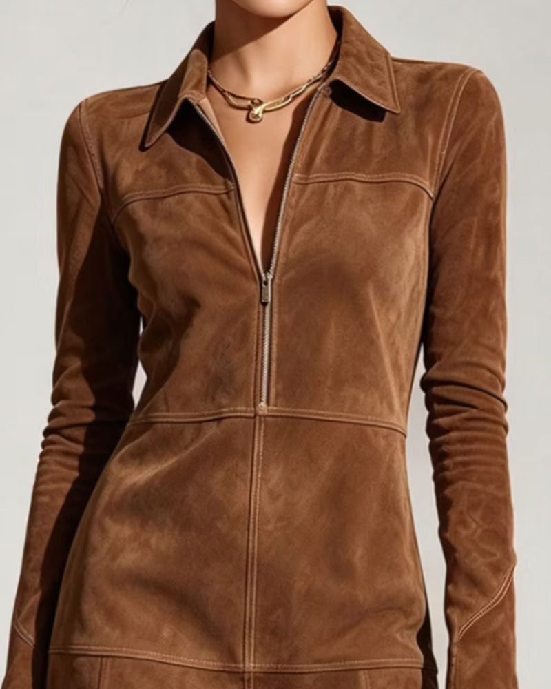 Robe Revers Fermeture Éclair Manches Longues