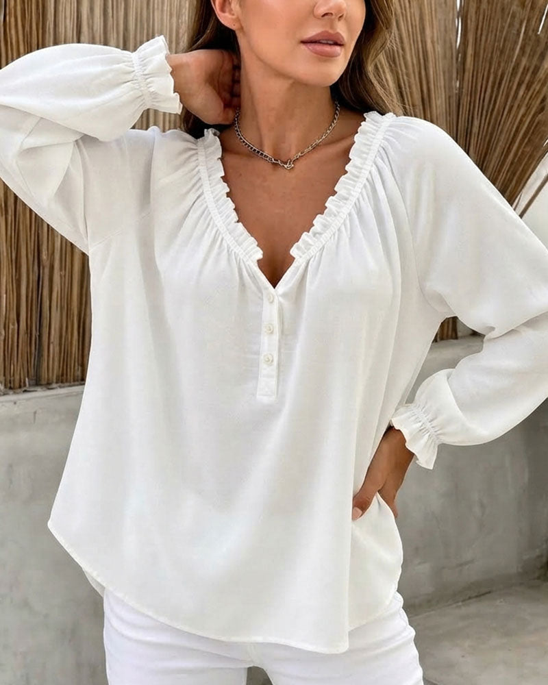 Blouse Volant Bord Manches Longues Col En V