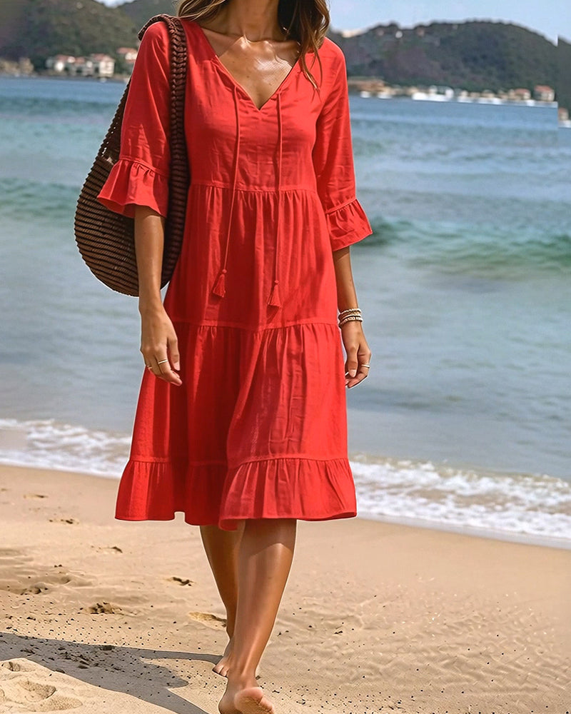 Robe Évasée Demi-Manche Nœud À La Taille