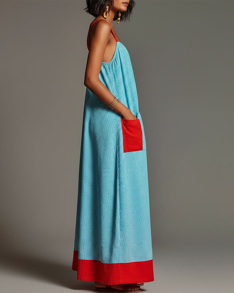 Robe Bleu Rouge Bloc Couleur Rayure Camisole