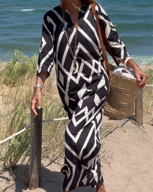 Robe Motif Diamant Col V Manche Mi-longue Grande Jupe