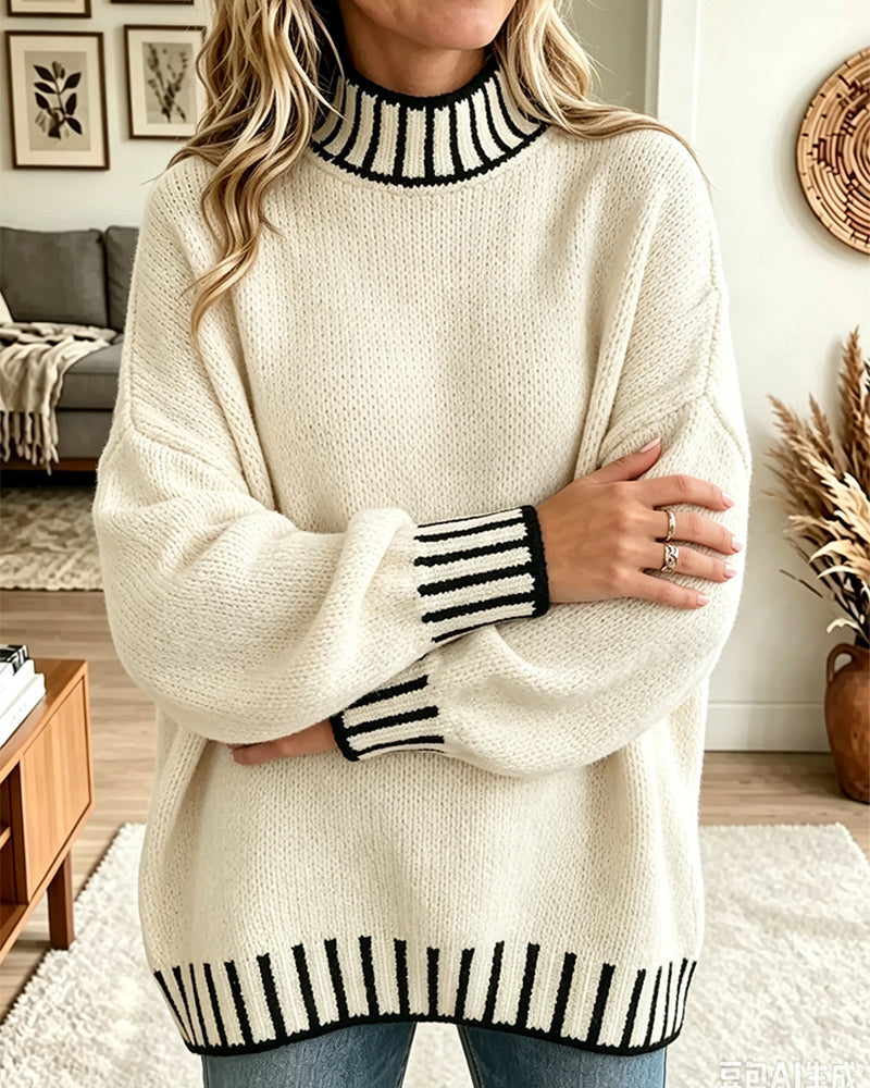 Pullover Contraste Rayé Col Roulé Loose