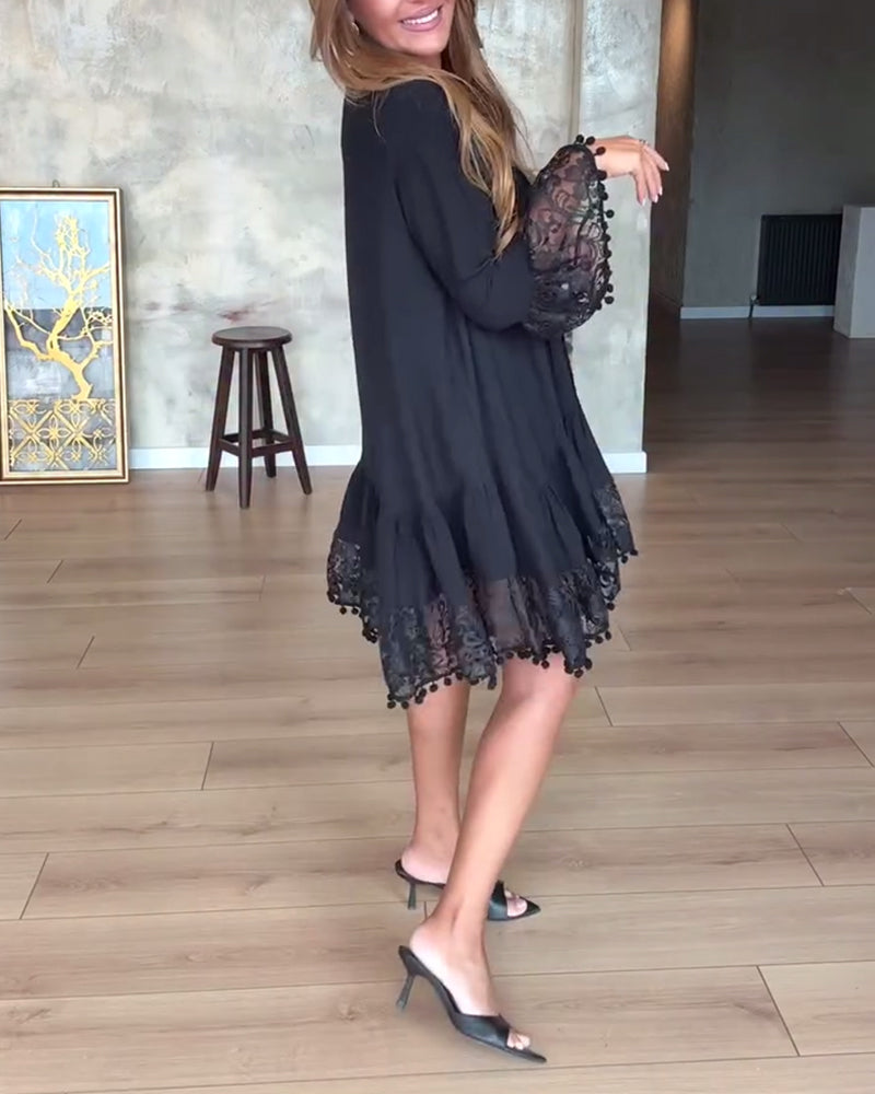 Robe décontractée en dentelle de couleur unie à col en V