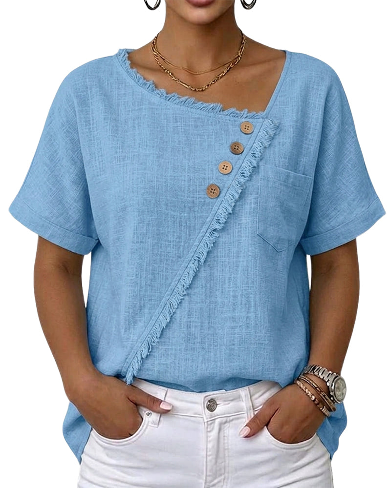 Blouse Bord Brut Coupe Bias Bouton Manches Courtes