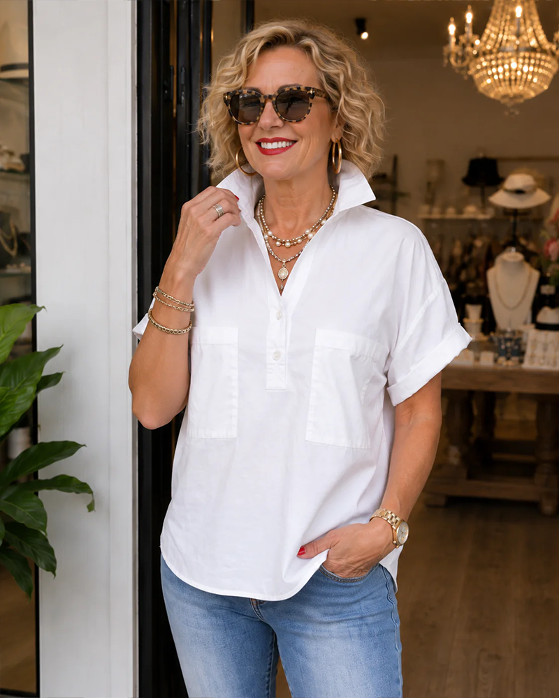 Blouse Poche Bouton Col En V Décontractée