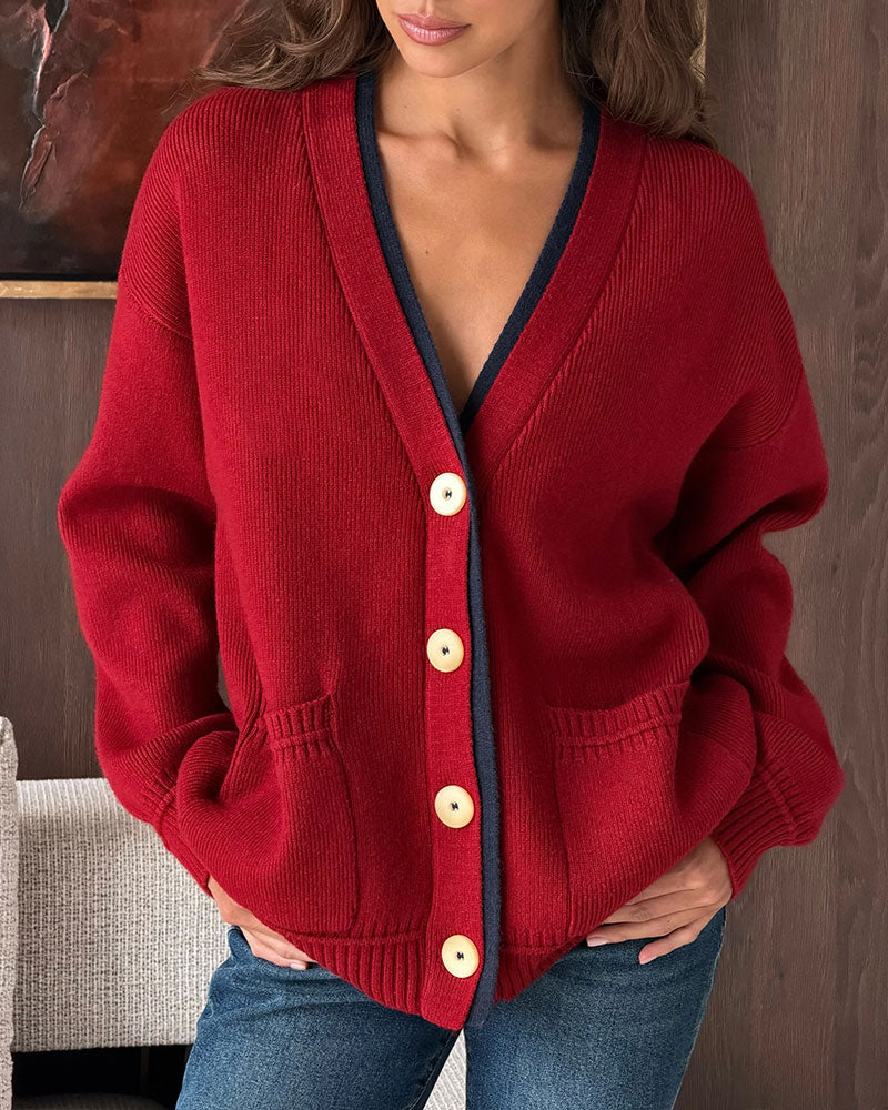 Cardigan Col En V Bouton Bloc De Couleur Poche