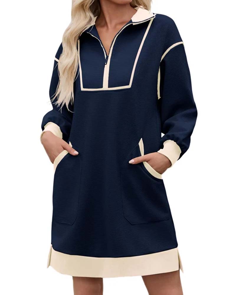 Robe Demi Zip Manches Longues Blocs De Couleurs Courte