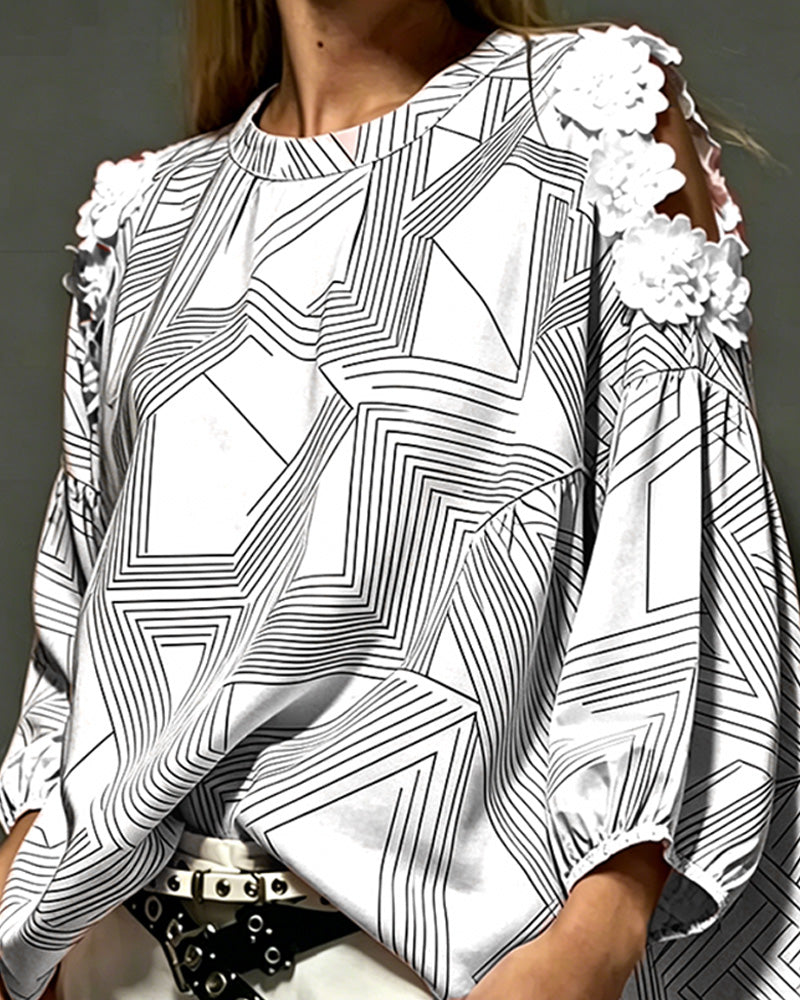 Blouse Col Rond Hors Épaule Géométrique Lâche