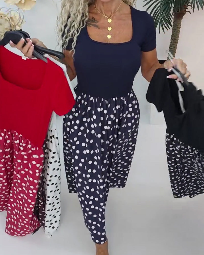 Robe Col Carré Polka Dot Patchwork