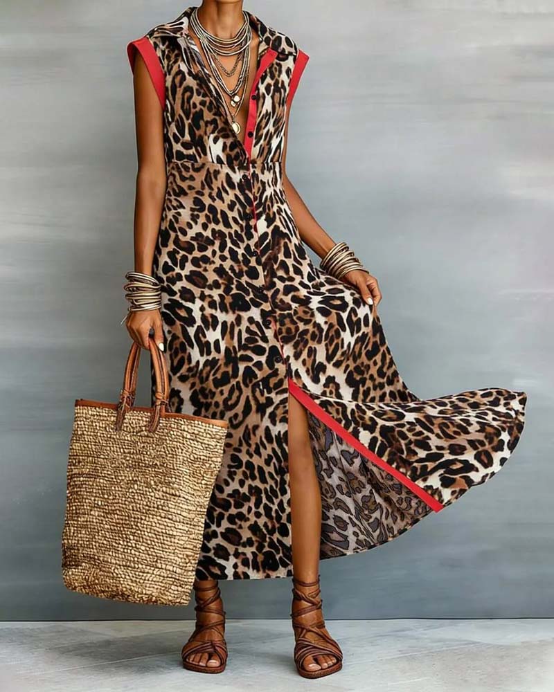 Robe Revers Léopard Imprimé Contraste Maxi