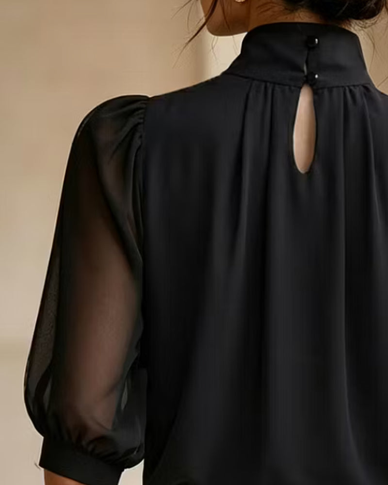 Blouse Col Haut Manches Ballon Coude Mousseline