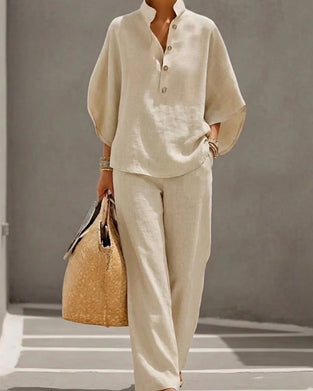 Ensemble Col Monté Manche Chauve-Souris Large Jambe Pantalon