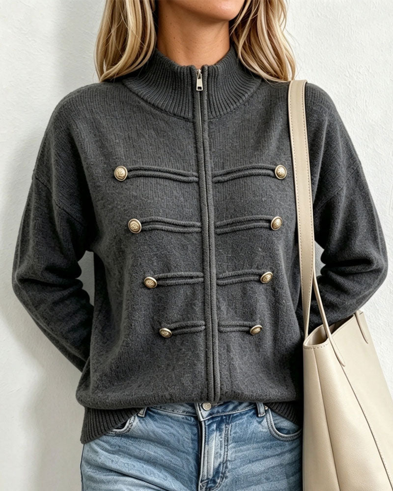 Cardigan Col Mandarin Mode Fermeture Éclair Tricoté