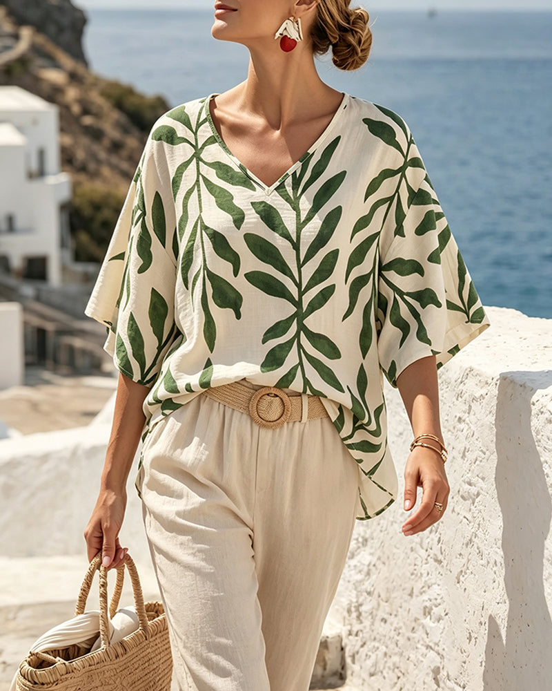 Blouse Col En V Demi-Manches Imprimé Feuille