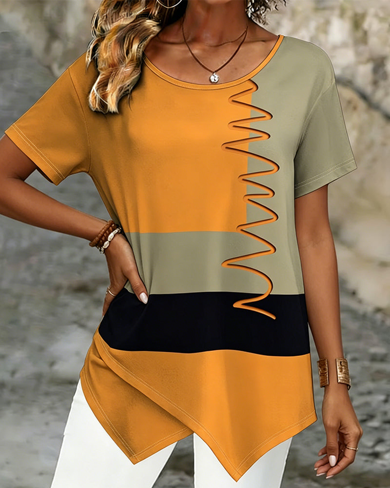 T-Shirt Bloc De Couleur Irrégulier Manche Courte