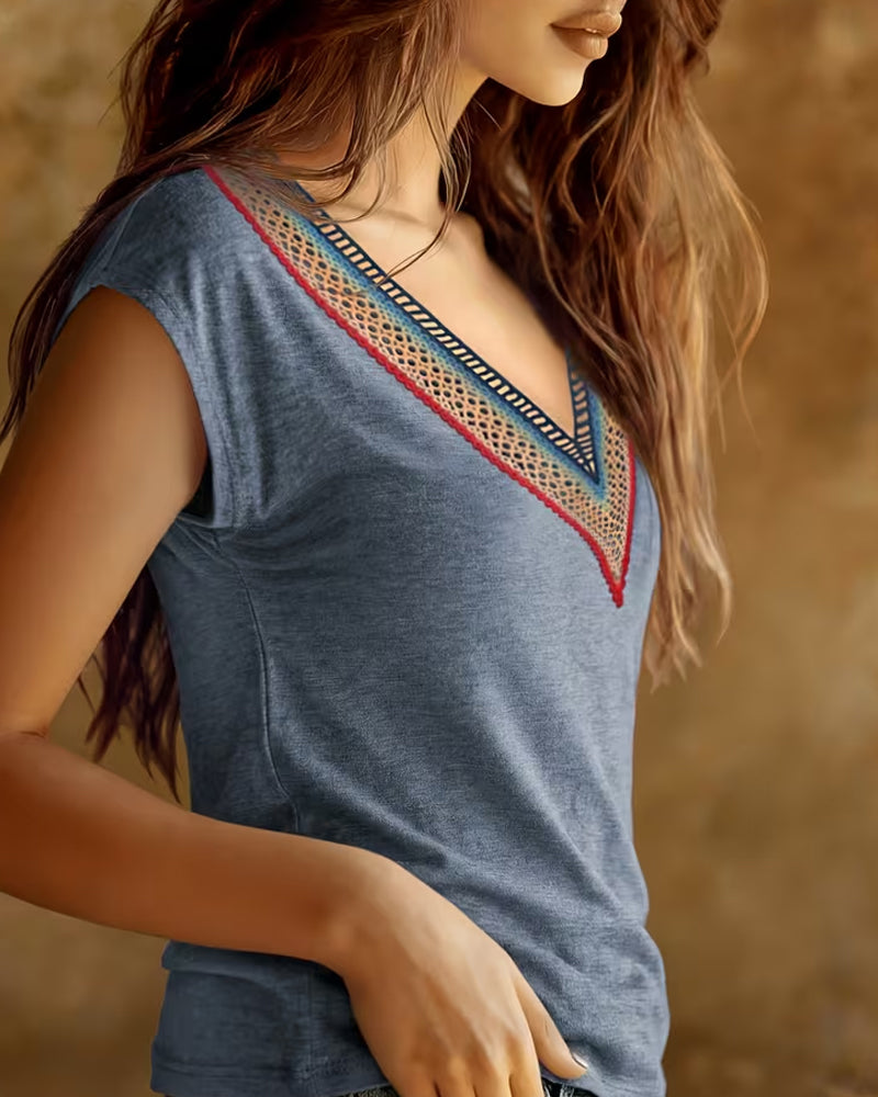 T-Shirt Patchwork Col V Dentelle Contraste