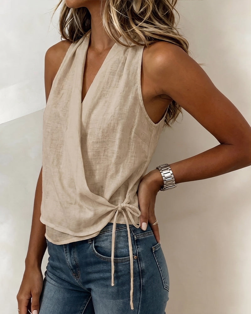 Blouse Unie Sans Manches Encolure Nœud Cou