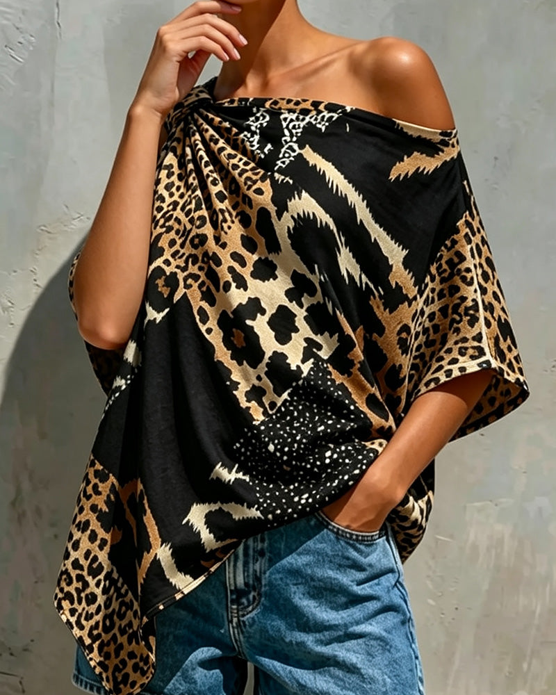 Blouse Imprimé Léopard Patchwork Une Épaule