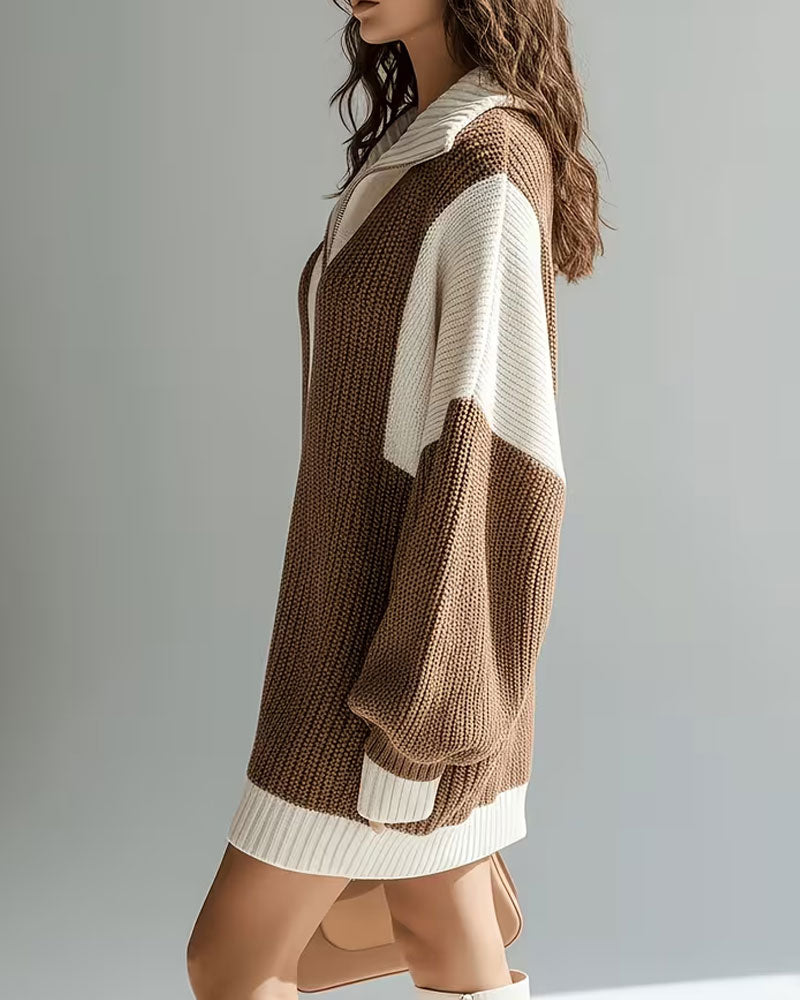Robe Pull Revers Fermeture Éclair Contraste