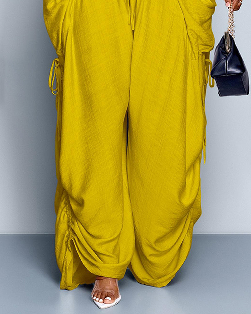 Pantalon Uni Plissé Taille Haute Large