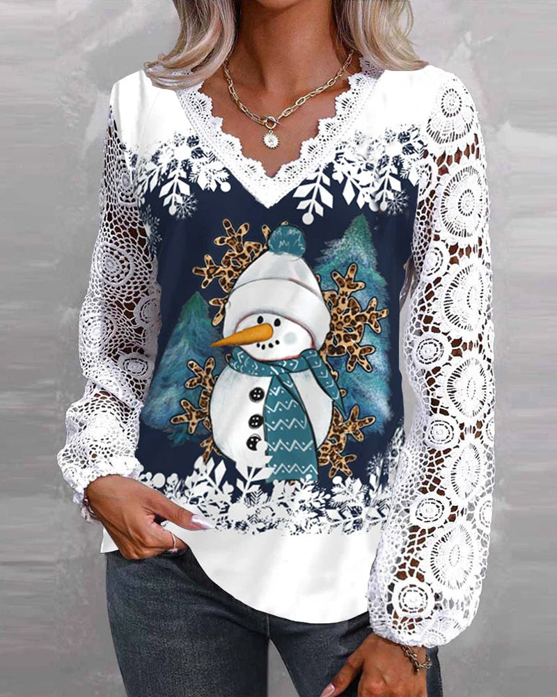 Blouse avec dentelle et motif bonhomme de neige