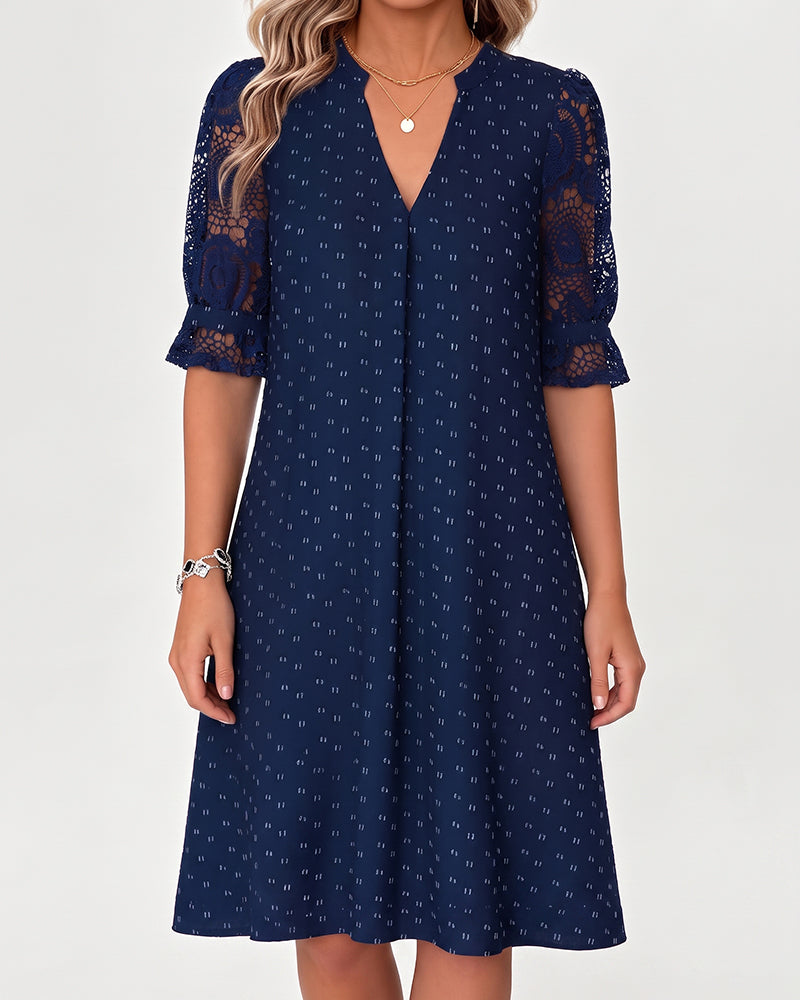 Robe Col V Imprimé Dentelle Patchwork Ligne A
